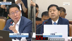 South Korean lawmaker 황명하 (Hwang Myung-ha) speaks at a National Assembly hearing (국정감사), highlighting the lack of crypto loss carryforward rules under the country's virtual asset tax law.