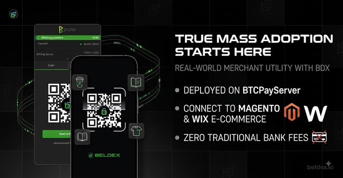 A promotional graphic for Beldex features a smartphone displaying a BTCPay point-of-sale app with QR codes, alongside text stating 'TRUE MASS ADOPTION STARTS HERE' and listing deployment on BTCPayServer, connection to Magento and Wix e-commerce platforms, and zero traditional bank fees.