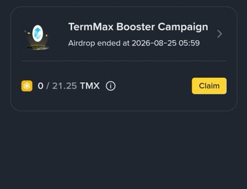 A screenshot of the TermMax Booster Campaign showing 0 out of 21.25 TMX tokens available to claim, with an airdrop that ended on 2026-08-25, illustrating the user's modest reward from the @TermMaxFi airdrop.
