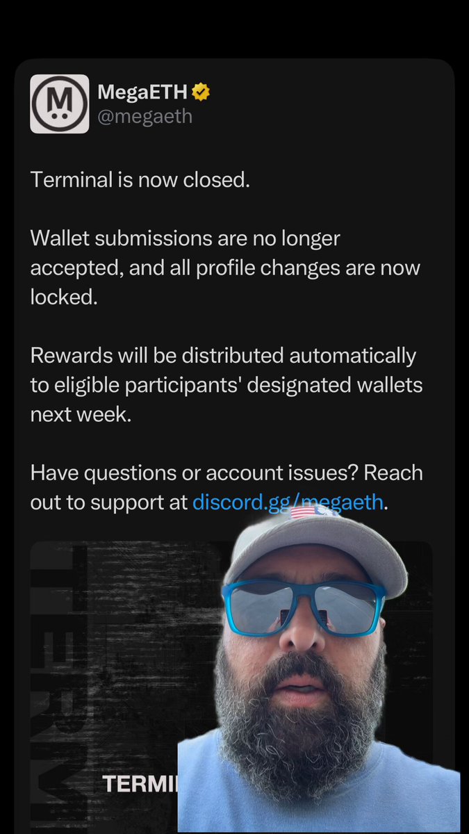 The image shows a man wearing sunglasses, with his face partially visible behind them. There are two posts displayed on the screen of the phone - one is a Twitter post about the terminal being closed, while the other is an Instagram post featuring a picture of the same man in front of him. The man's sunglasses and the presence of both posts suggest that he might be sharing his experience or thoughts with others through social media platforms.