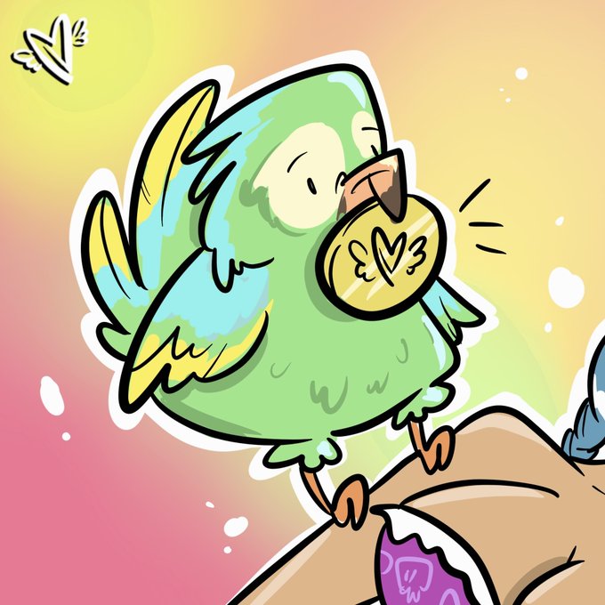 A cartoon illustration shows a green bird with yellow and blue wings holding a gold coin in its beak, perched above a sleeping figure.