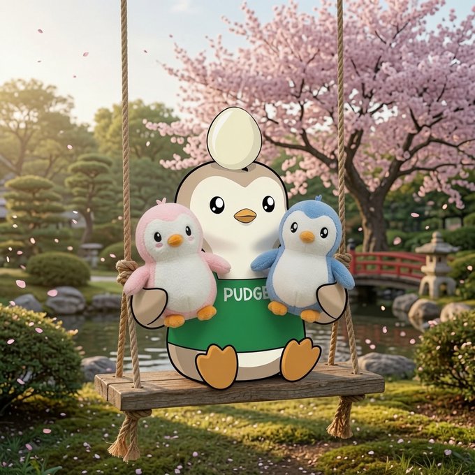 A whimsical scene of three cartoon penguins, including one labeled 'PUDGE', sitting on a wooden swing in a Japanese garden with cherry blossoms.