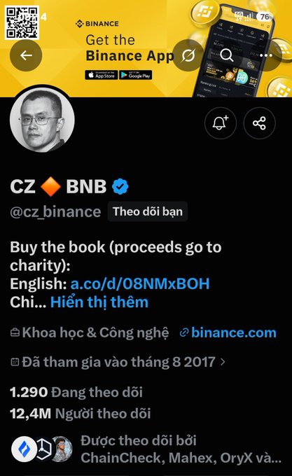 A X (Twitter) profile page for CZ BNB (@cz_binance), showing a Binance ad banner, 12.4M followers, and a pinned post reading 'Buy the book (proceeds go to charity): English: a.co/d/08NMxBOH'.