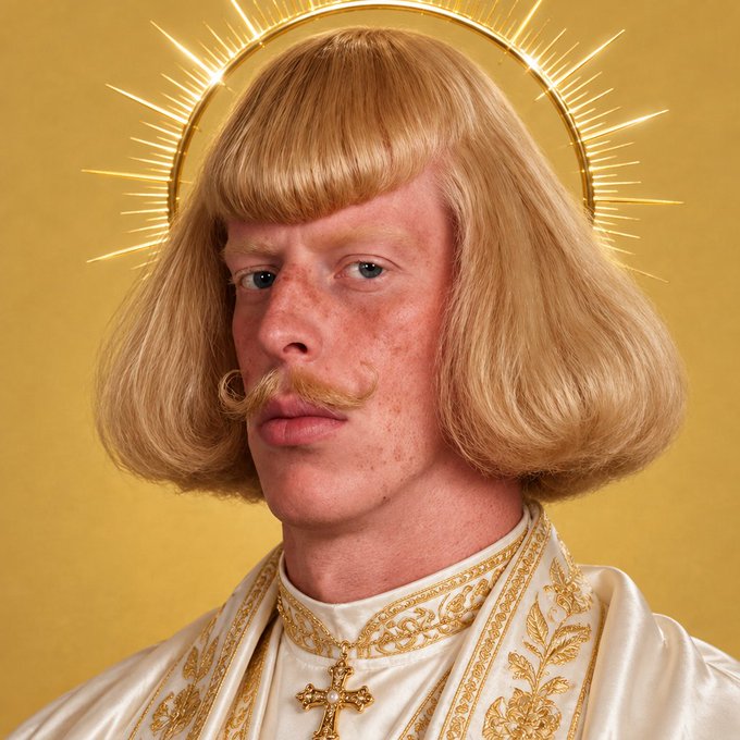 A classical-style portrait of a man with a blonde bowl cut, mustache, and golden halo, wearing a white robe with gold embroidery and a cross necklace.