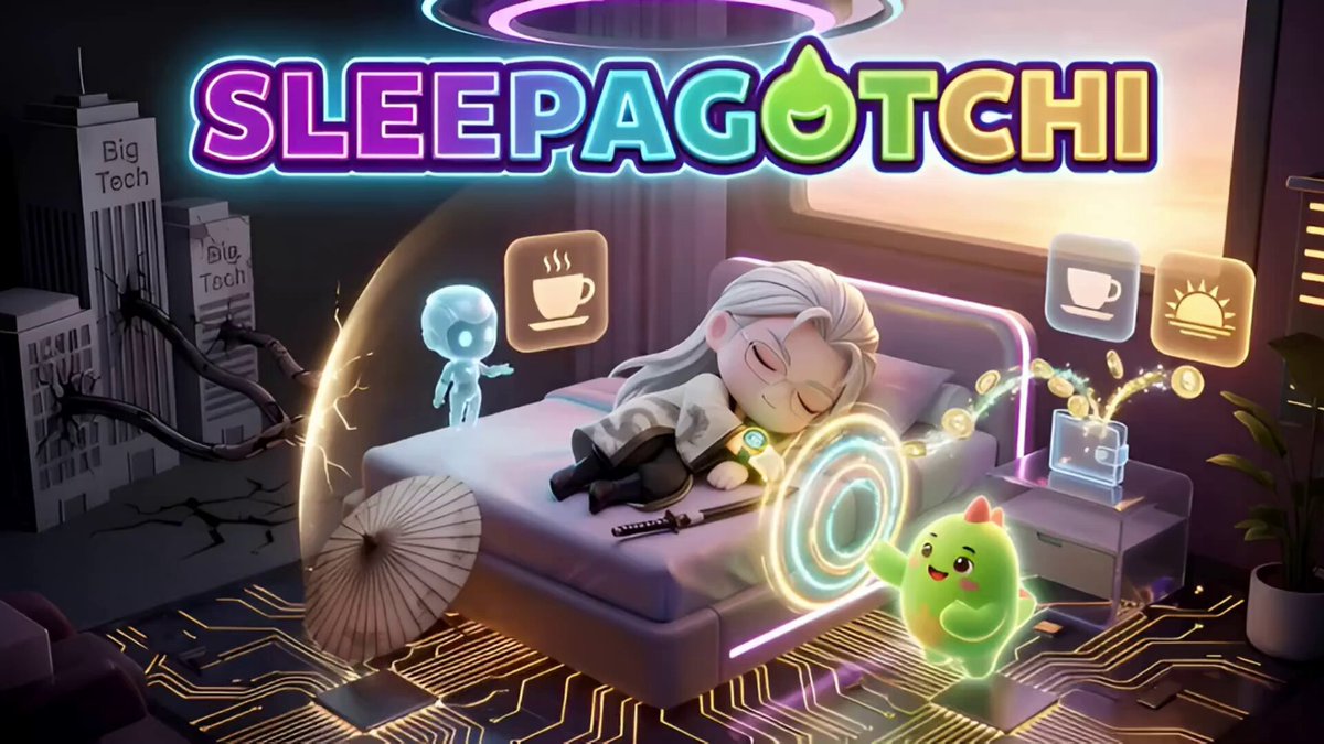 The image features a cartoon girl sleeping on a bed with a green frog next to her. The background of the image shows an urban setting with buildings and neon lights. There are also several small objects scattered around, including umbrellas and cups. The caption for this image reads "@sleepagotchi has finally posed the billion-dollar question: where does that data value actually go?" This suggests that someone might be asking about the ethical implications of using personal data collected from wearables to target ads at users.