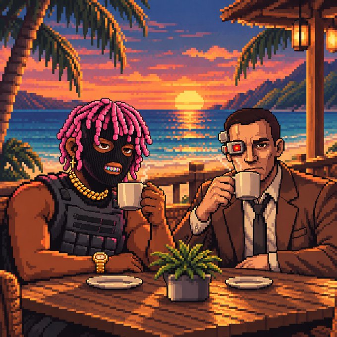 A pixel art illustration showing two characters drinking coffee at a wooden table by the ocean at sunset; one wears a pink dreadlock balaclava and tactical vest, while the other is a man in a suit and tie with a robotic eye.
