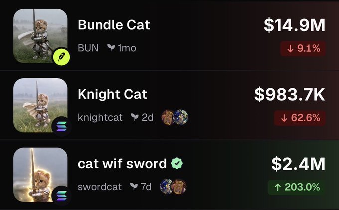 A crypto tracking app displaying meme coin prices: 'Bundle Cat' (BUN) at $14.9M (↓9.1%), 'Knight Cat' at $983.7K (↓62.6%), and 'cat wif sword' (swordcat) at $2.4M (↑203.0%).