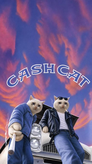A movie poster titled "CASH CAT" features two white cats dressed in stylish clothing — one in a denim jacket holding a bat, and another in a leather jacket with sunglasses — posed in front of a classic car against a vibrant purple and pink sunset sky.