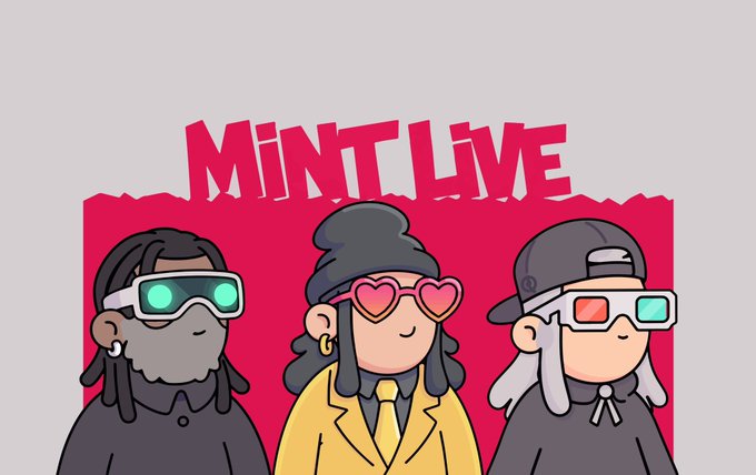 Three stylized cartoon characters wearing 3D glasses, heart-shaped sunglasses, and caps stand beneath bold pink "MINT LIVE" lettering, visually promoting the public mint event for the 10,000 remastered Doodles-inspired NFT collection at 0.0022 ETH each.