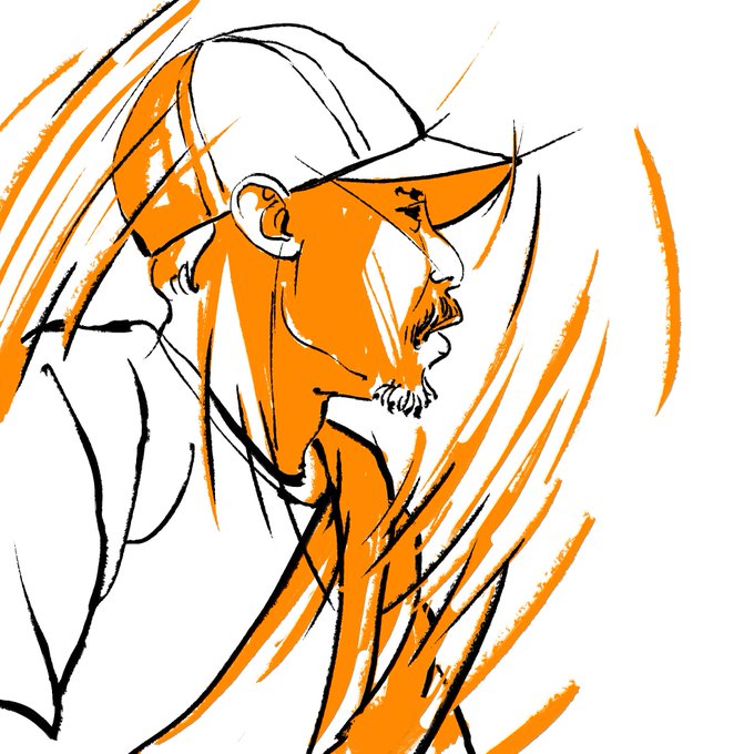 An expressive line drawing with orange shading depicts a profile of a man wearing a backward baseball cap.