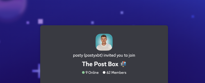 A Discord invitation screenshot showing "posty (postyxbt) invited you to join The Post Box 📬," a server with 9 online users and 62 members, which corresponds to the trading and crypto community Discord server promoted in the post.