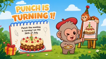 A cheerful birthday illustration celebrates "PUNCH IS TURNING 1!" with a cartoon monkey holding a cake and a sign reading "Punch the monkey is turning 1 on the 26th of July," tying directly to the post's announcement that "Punch" (a monkey-themed token) is about to turn one year old.