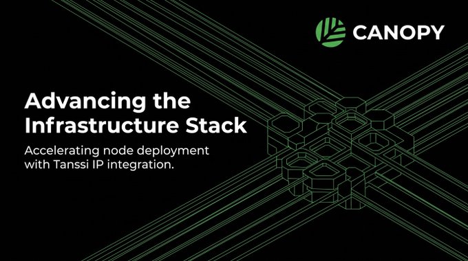 A black promotional banner for Canopy featuring the headline 'Advancing the Infrastructure Stack' with subtext 'Accelerating node deployment with Tanssi IP integration,' alongside green geometric network graphics.