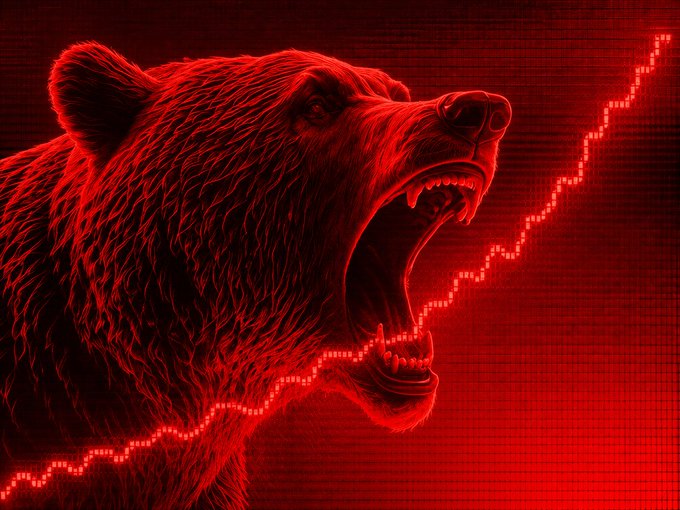 A stylized red monochromatic image of a roaring bear set against a red digital stock chart background, typically representing a financial 'bear market.'