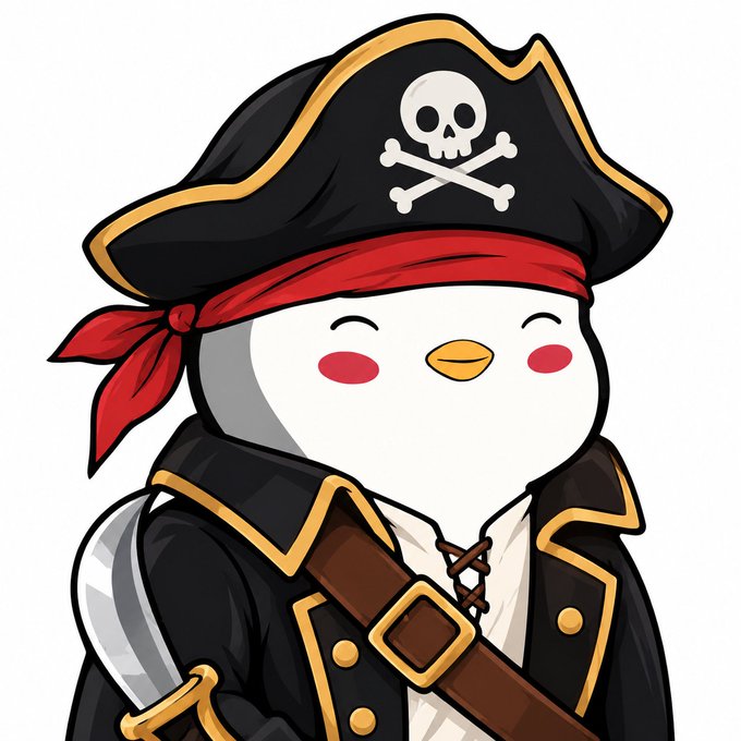 A cute cartoon penguin dressed as a pirate, wearing a black hat with skull and crossbones, a red bandana, and a black coat with gold trim.