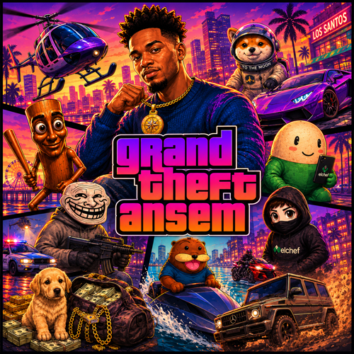 A vibrant meme-style promotional image for the "Grand Theft Ansem $GTA" Solana token, featuring a central character with a "TO THE MOON" dog astronaut badge, surrounded by GTA-themed elements like a helicopter, sports cars, a smiling stick figure, a troll face holding a rifle, a cute hamster in a wetsuit, and a hooded "elchef" figure, all set against a neon Los Santos cityscape. The composition parodies Grand Theft Auto's iconic box art, tying directly to the accompanying post announcing the token's launch on pump.fun with the contract address 8ji5K3dr2dzt4knZv5VSvCwz84aERRR32F3W6MKnpump.