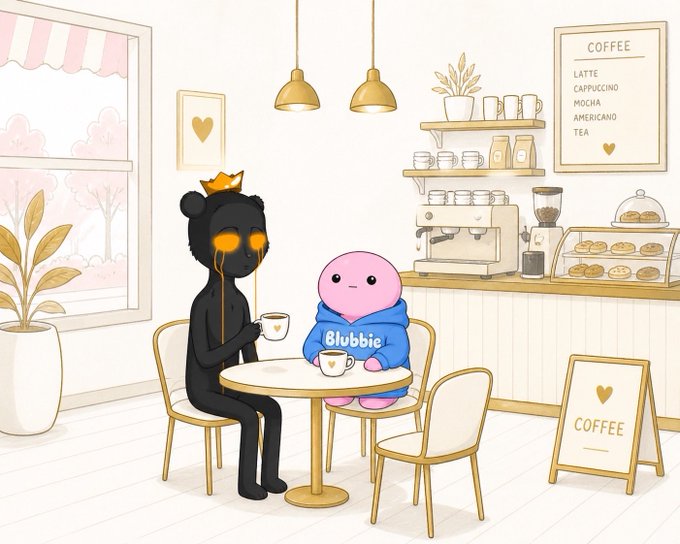 An illustration of two characters sitting at a table in a coffee shop, one wearing a black mask and gold crown with a 'Blubbie' shirt, surrounded by cafe decor and a 'COFFEE' menu.