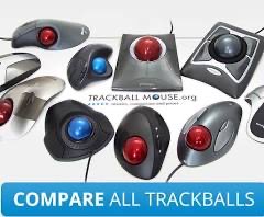 A website screenshot from trackballmouse.org showing various trackball mouse options with the text 'COMPARE ALL TRACKBALLS' displayed at the bottom on a blue banner.