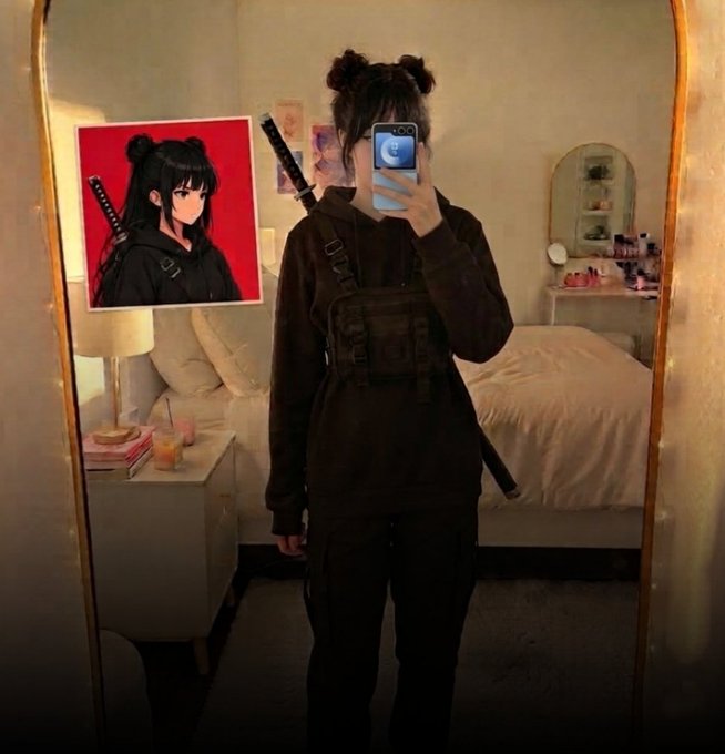 Mirror selfie of a person in dark tactical-style clothing with a sword strapped to their back, with an inset anime portrait of a black-haired character in the top-left corner.