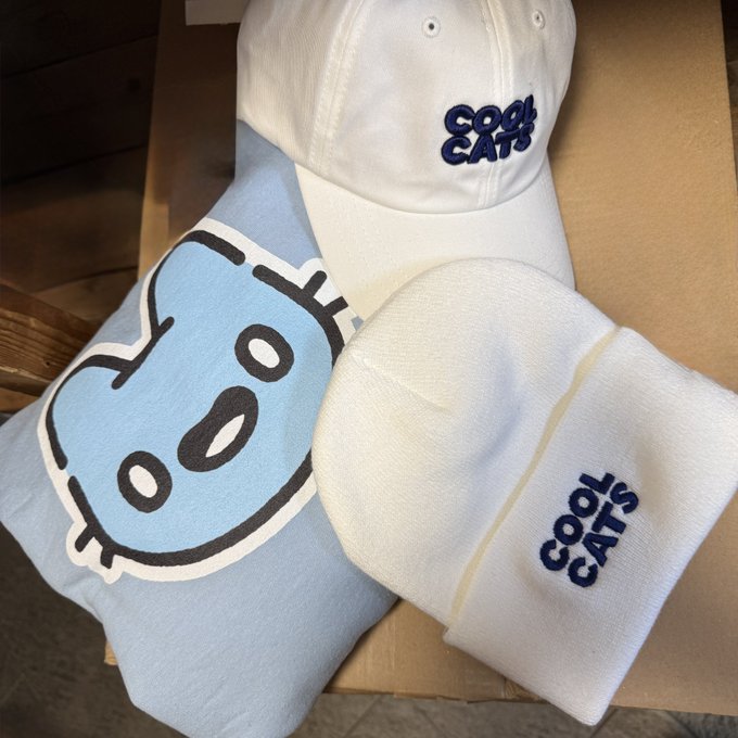 A photograph of merchandise including a light blue "Cool Cats" t-shirt with a smiling cat logo, a white cap, and a white "Cool Cats" wristband or sock.