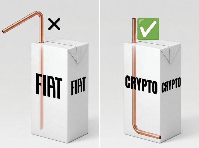 A side-by-side comparison shows a milk carton labeled "FIAT" with a straw (marked with an X) versus one labeled "CRYPTO" with a straw fully inserted (marked with a green checkmark), illustrating that crypto requires understanding its underlying technology while fiat does not.