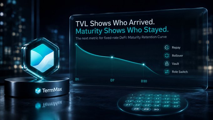 A glowing TermMax logo stands beside a holographic display titled "TVL Shows Who Arrived. Maturity Shows Who Stayed," featuring a "Maturity Retention Curve" chart with action options (Repay, Rollover, Vault, Role Switch) tracking retention from D1 to D30. The visualization reinforces the post's message by shifting focus from raw TVL growth—near $99M for TermMax—to whether users return after debt maturity, emphasizing real product-market fit over initial capital inflow.