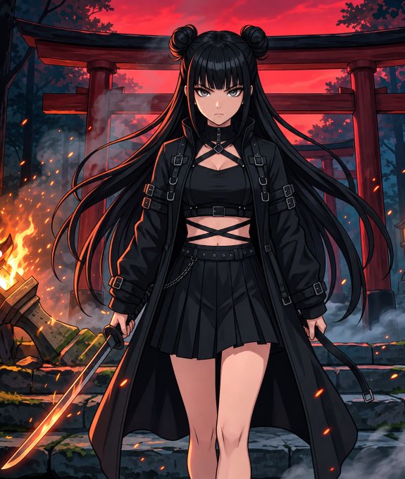 An anime-style illustration of a female character with long black hair in twin buns, wearing a black gothic outfit and holding a sword, standing before a Japanese torii gate with a red sky and embers in the background.