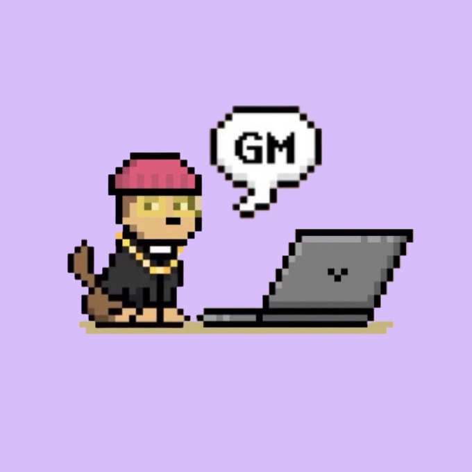 Pixel art illustration of a character with a red hat kneeling before an open laptop, with a speech bubble reading 'GM' (good morning) against a purple background.