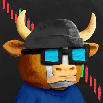 A 3D rendered bull character with horns, blue sunglasses, a black beanie, and a blue shirt, set against a background of red and green stock candlestick patterns.