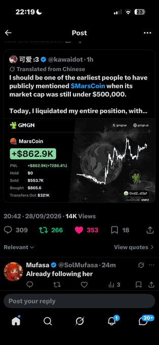 A Twitter/X post screenshot showing user @kawaidot claiming to be an early mentioner of $MarsCoin (GMGN token) with a profit of +$862.9K (+7286.4%), displaying PNL, Hold, Sold, Bought, and Transfers Out details.