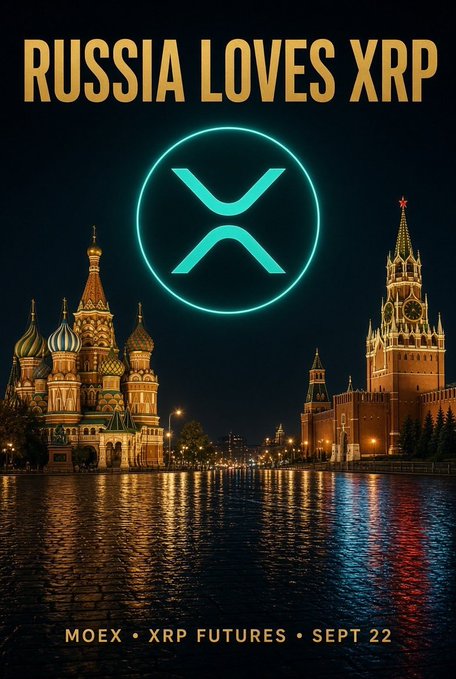 A promotional poster reading 'RUSSIA LOVES XRP' featuring the XRP logo against a nighttime view of St. Basil's Cathedral and the Kremlin in Moscow, with text 'MOEX • XRP FUTURES • SEPT 22' at the bottom.