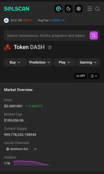 A Solscan page showing market data for Token DASH, including a price of $0.0001891, market cap of $189,058.06, and 178 holders.