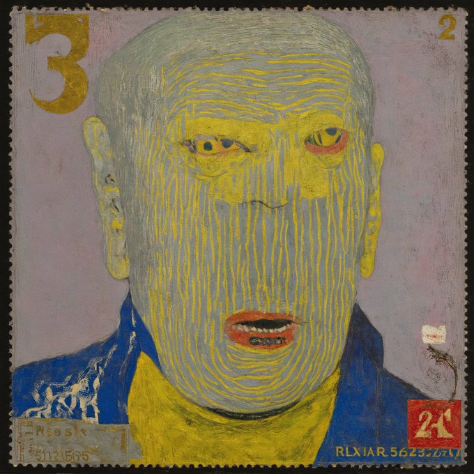 A painted portrait of a bald figure with a yellow face, blue jacket, and striped texture fills the stamp-like frame, marked with a gold "3" in the upper left, a small "2" in the upper right, a red "21" stamp in the lower right, and the signature "Klemke" dated "24.5.15" in the lower left, alongside the alphanumeric code "RLXIAR.56Z3.27L7." The weathered, postage-stamp aesthetic with visible perforations and postmark-like marks evokes the collecting and editioning theme of "the apex guest" NFT drop, suggesting a singular artwork presented as a numbered collectible edition.