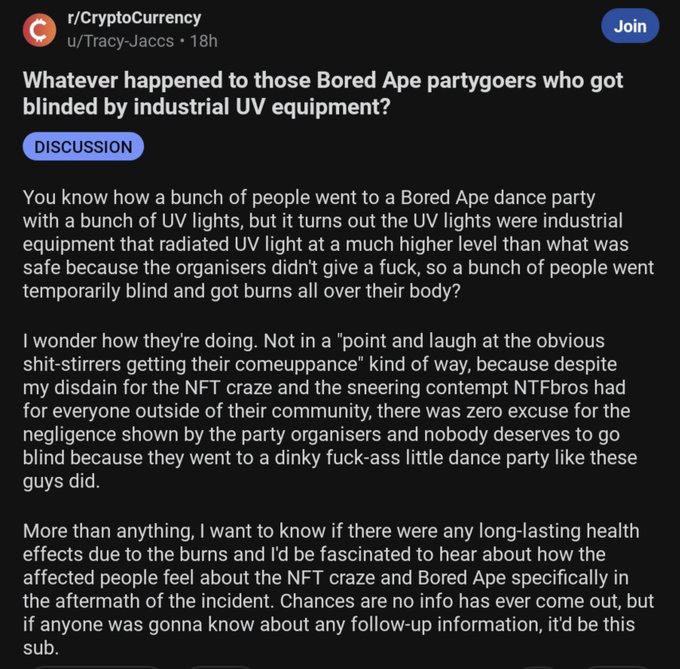 A Reddit post from r/CryptoCurrency by u/Tracy-Jaccs titled "Whatever happened to those Bored Ape partygoers who got blinded by industrial UV equipment?" discussing a past NFT event incident.