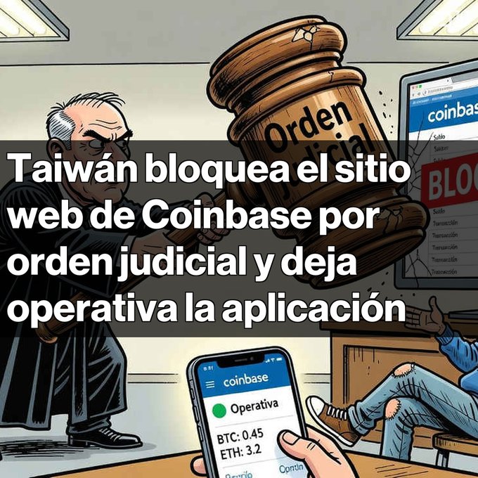 A Spanish-language news graphic with the headline 'Taiwán bloquea el sitio web de Coinbase por orden judicial y deja operativa la aplicación,' depicting a judge with a gavel and a smartphone showing the Coinbase app as 'Operativa.'