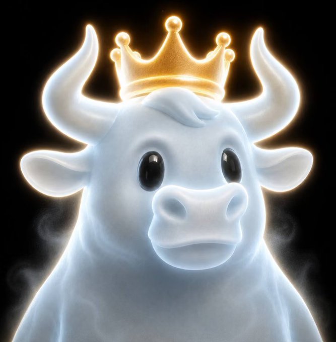 A glowing white cartoon bull wearing a golden crown against a dark, misty background, symbolizing the regal and powerful "Bullpen NFT" community highlighted in the post for their strong support within the Solana ecosystem.