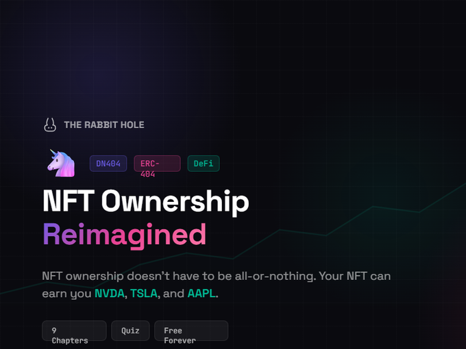 An educational platform screen titled 'THE RABBIT HOLE' promotes 'NFT Ownership Reimagined' with tags 'DN404', 'ERC-404', and 'DeFi', noting NFTs can earn NVDA, TSLA, and AAPL.