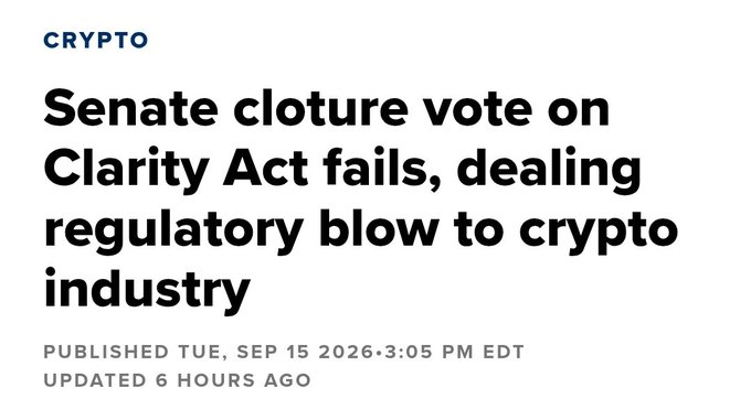 A news headline reads 'Senate cloture vote on Clarity Act fails, dealing regulatory blow to crypto industry' published September 15, 2026.