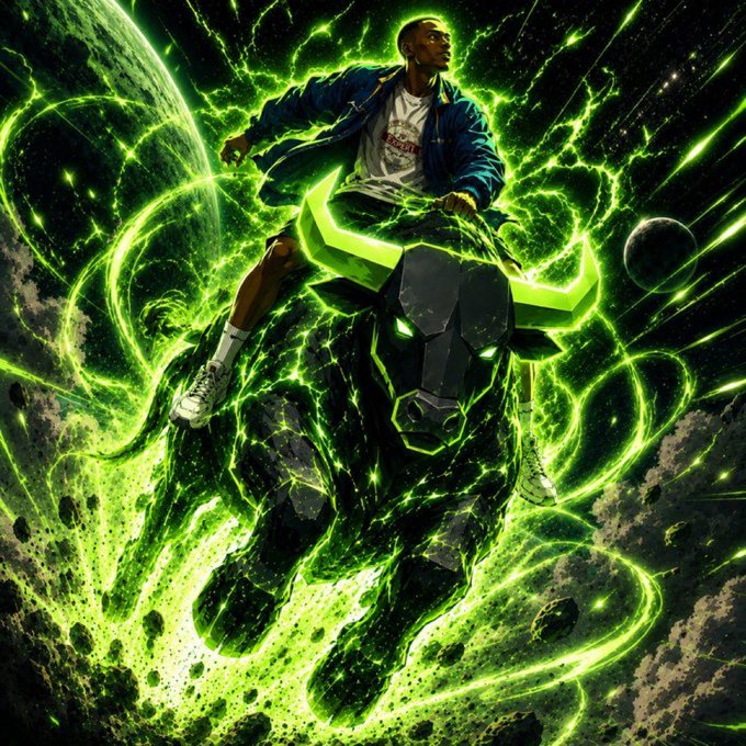 A man rides a glowing green cosmic bull through space, surrounded by planetary bodies and energy currents. The image appears to illustrate the bullish, savior-like momentum of "Ansem" amid speculation about a potential $PUMP airdrop.