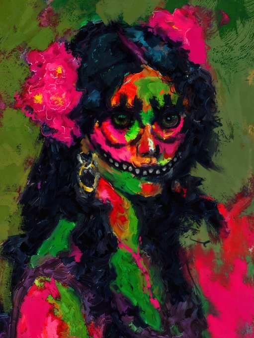 A colorful, expressionistic painting portrays a woman with Day of the Dead-style face paint, featuring bright pink flowers in her dark hair against a green background.