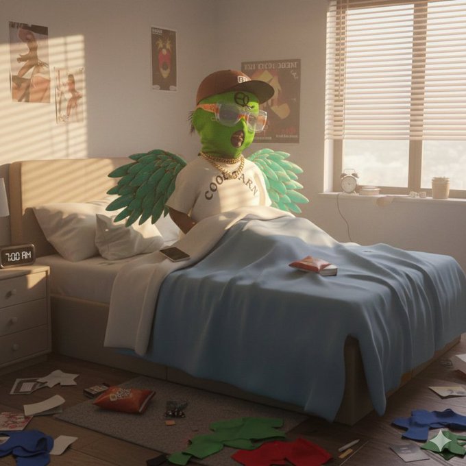 A 3D rendered illustration of a green parrot wearing sunglasses, a baseball cap, and a t-shirt, lying in a messy bed in a sunlit bedroom.