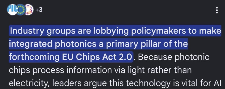 The image shows a post with text that reads, "Industry groups are lobbyinig policymakers to make integrated photonics a primary pillar of the fourthcoming EU Chips Act 2.0." The post also includes an image of a blue sign with white text and a logo for Sive semiconductors AB.