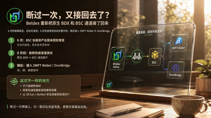 A promotional image for Beldex explaining that it has reconnected its BDX and BSC channels, with Chinese text reading '断过一次，又接回去了？' and showing logos for Beldex Native, BSC, SWFT Wallet, and OmniBridge.