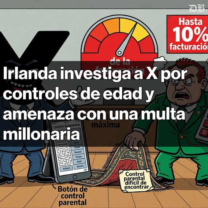 A Spanish news graphic titled 'Irlanda investiga a X por controles de edad y amenaza con una multa millonaria' featuring cartoon figures and a phone displaying parental controls.