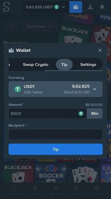 A screenshot of a cryptocurrency wallet app interface showing a USDT balance of 9,62,825, with an active 'Tip' tab to send 8500 USDT to a recipient.