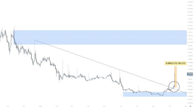 A cryptocurrency trading chart showing a downward trend with a highlighted breakout circle at the end, labeled "0.000313 (72.19%) 313".
