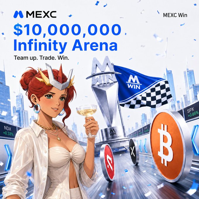 A promotional advertisement for MEXC's '$10,000,000 Infinity Arena' trading competition, featuring an anime-style red-haired woman holding a champagne glass, a trophy, a checkered flag, and large Bitcoin and XRP coins.