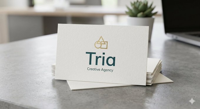 The image features a stack of white business cards with a logo for "@useTria Creative Agency" written on them, placed on top of a gray countertop. The background shows a laptop computer sitting next to the business cards, suggesting that they might be used as promotional materials or for networking purposes in a professional setting.