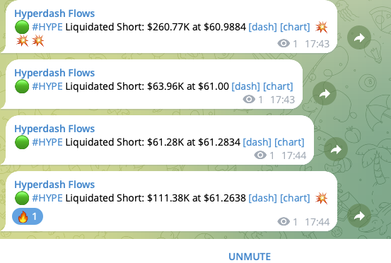 A Telegram chat showing multiple "Hyperdash Flows" notifications alerting that #HYPE short positions are being liquidated at increasing prices ($60.98, $61.00, $61.28, and $61.26), with short squeeze amounts totaling over $480K as the price climbs higher.