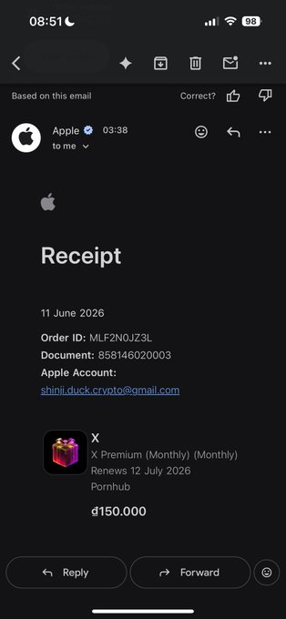 The image shows a black screen with text displayed, which appears to be an email from Apple regarding a payment for a game or app. The message reads "Receipt", indicating that the recipient has received their payment. The email also mentions a gift card, suggesting that there might have been a purchase made using the Apple account.